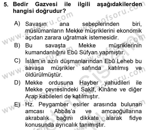 İlk Dönem İslam Tarihi Dersi 2020 - 2021 Yılı Yaz Okulu Sınav Soruları 5. Soru