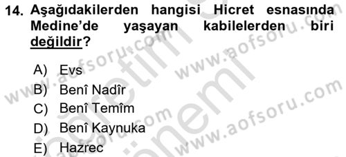 İlk Dönem İslam Tarihi Dersi Ara Sınavı Deneme Sınav Soruları 14. Soru