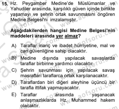 İlk Dönem İslam Tarihi Dersi Ara Sınavı Deneme Sınav Soruları 15. Soru