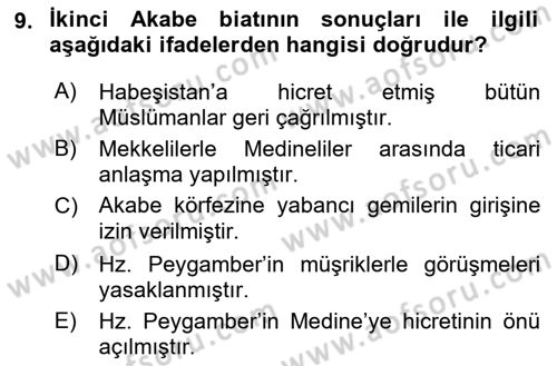 İlk Dönem İslam Tarihi Dersi Ara Sınavı Deneme Sınav Soruları 9. Soru