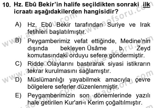 İlk Dönem İslam Tarihi Dersi 2021 - 2022 Yılı (Final) Dönem Sonu Sınav Soruları 10. Soru