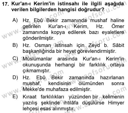 İlk Dönem İslam Tarihi Dersi 2021 - 2022 Yılı Yaz Okulu Sınav Soruları 17. Soru