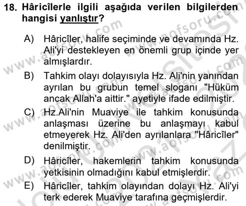 İlk Dönem İslam Tarihi Dersi 2021 - 2022 Yılı Yaz Okulu Sınav Soruları 18. Soru