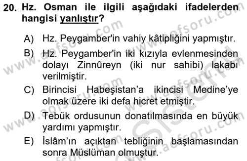 İlk Dönem İslam Tarihi Dersi 2021 - 2022 Yılı Yaz Okulu Sınav Soruları 20. Soru