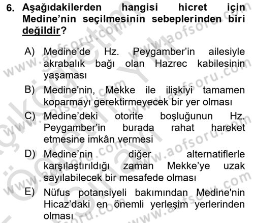 İlk Dönem İslam Tarihi Dersi 2021 - 2022 Yılı Yaz Okulu Sınav Soruları 6. Soru