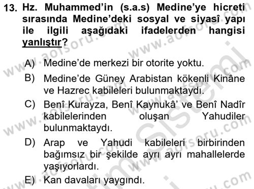 İlk Dönem İslam Tarihi Dersi 2022 - 2023 Yılı (Vize) Ara Sınav Soruları 13. Soru