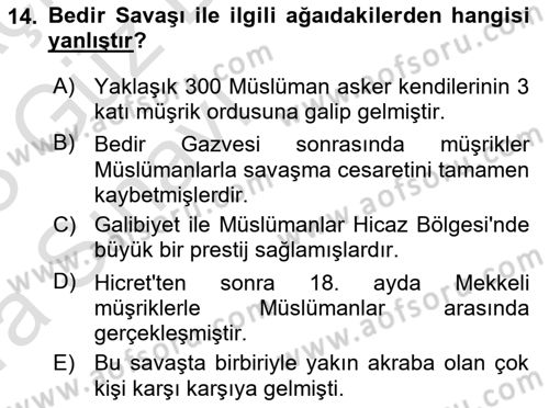 İlk Dönem İslam Tarihi Dersi Ara Sınavı Deneme Sınav Soruları 14. Soru