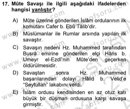 İlk Dönem İslam Tarihi Dersi 2022 - 2023 Yılı (Vize) Ara Sınav Soruları 17. Soru