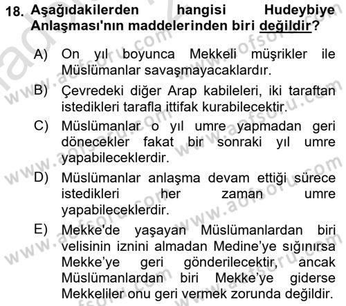 İlk Dönem İslam Tarihi Dersi Ara Sınavı Deneme Sınav Soruları 18. Soru