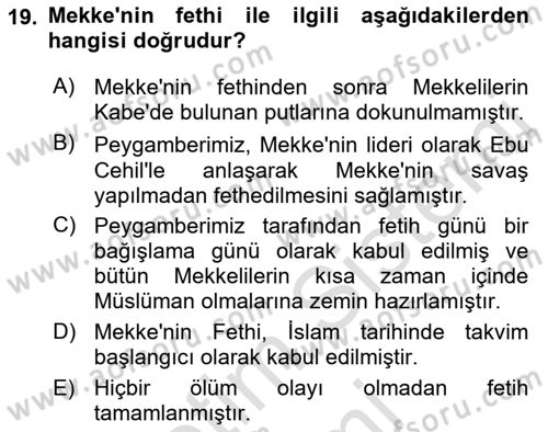 İlk Dönem İslam Tarihi Dersi Ara Sınavı Deneme Sınav Soruları 19. Soru
