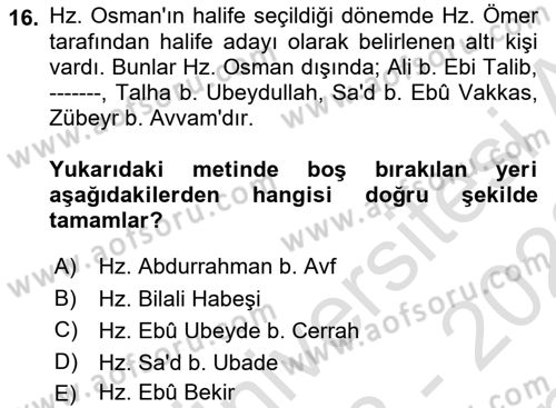 İlk Dönem İslam Tarihi Dersi 2022 - 2023 Yılı (Final) Dönem Sonu Sınav Soruları 16. Soru