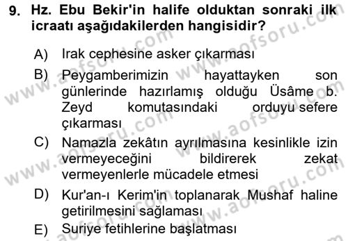 İlk Dönem İslam Tarihi Dersi 2022 - 2023 Yılı (Final) Dönem Sonu Sınav Soruları 9. Soru