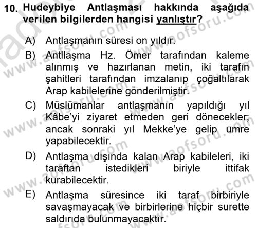 İlk Dönem İslam Tarihi Dersi 2022 - 2023 Yılı Yaz Okulu Sınav Soruları 10. Soru