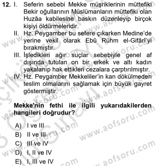 İlk Dönem İslam Tarihi Dersi 2022 - 2023 Yılı Yaz Okulu Sınav Soruları 12. Soru