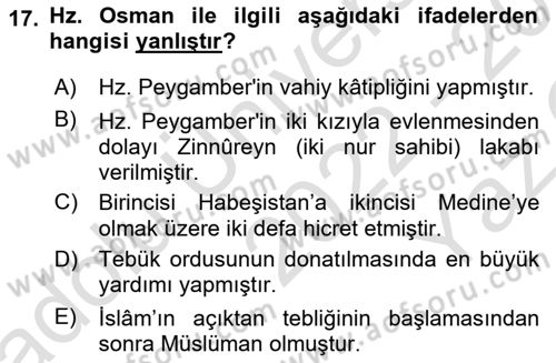 İlk Dönem İslam Tarihi Dersi 2022 - 2023 Yılı Yaz Okulu Sınav Soruları 17. Soru