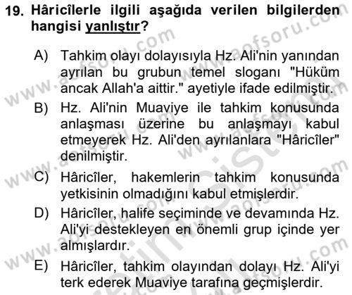 İlk Dönem İslam Tarihi Dersi 2022 - 2023 Yılı Yaz Okulu Sınav Soruları 19. Soru