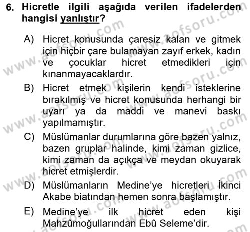 İlk Dönem İslam Tarihi Dersi 2022 - 2023 Yılı Yaz Okulu Sınav Soruları 6. Soru