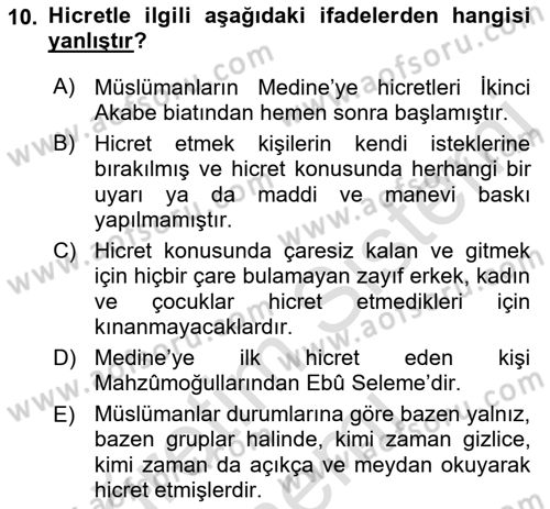 İlk Dönem İslam Tarihi Dersi Ara Sınavı Deneme Sınav Soruları 10. Soru