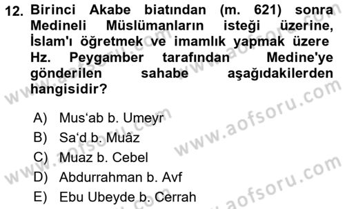İlk Dönem İslam Tarihi Dersi Ara Sınavı Deneme Sınav Soruları 12. Soru
