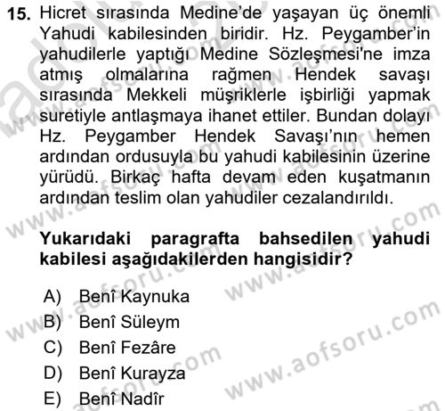 İlk Dönem İslam Tarihi Dersi Ara Sınavı Deneme Sınav Soruları 15. Soru