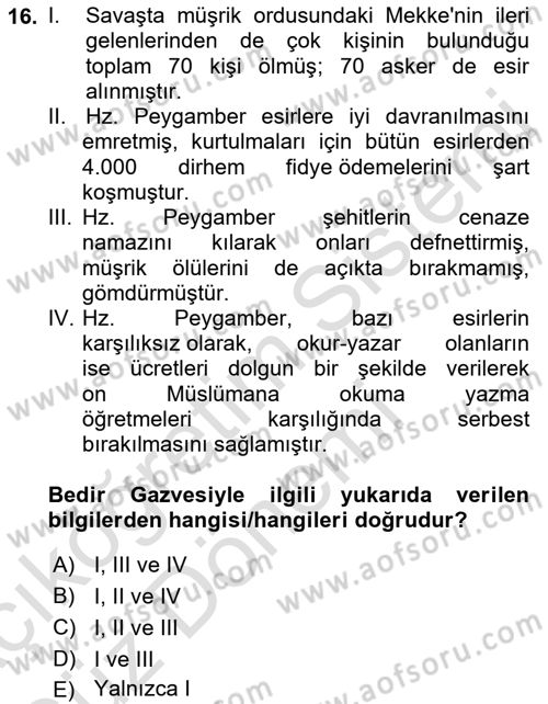 İlk Dönem İslam Tarihi Dersi Ara Sınavı Deneme Sınav Soruları 16. Soru