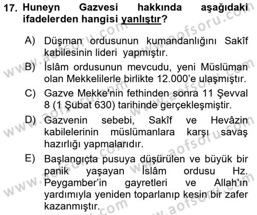 İlk Dönem İslam Tarihi Dersi Ara Sınavı Deneme Sınav Soruları 17. Soru