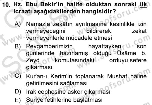 İlk Dönem İslam Tarihi Dersi 2023 - 2024 Yılı (Final) Dönem Sonu Sınav Soruları 10. Soru