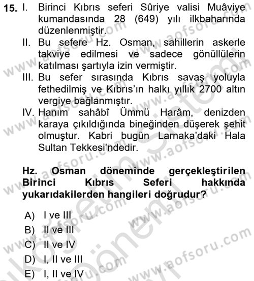 İlk Dönem İslam Tarihi Dersi 2023 - 2024 Yılı (Final) Dönem Sonu Sınav Soruları 15. Soru