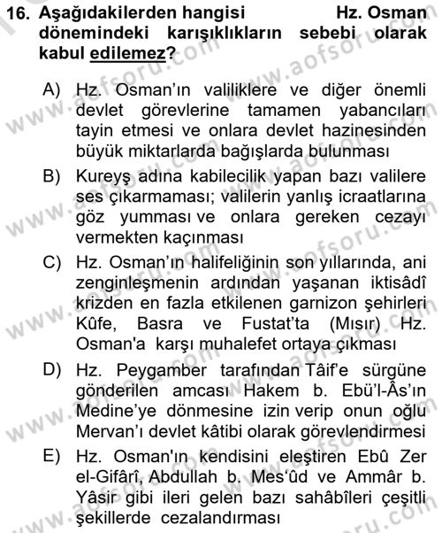 İlk Dönem İslam Tarihi Dersi 2023 - 2024 Yılı (Final) Dönem Sonu Sınav Soruları 16. Soru