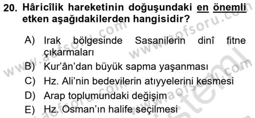 İlk Dönem İslam Tarihi Dersi 2023 - 2024 Yılı (Final) Dönem Sonu Sınav Soruları 20. Soru