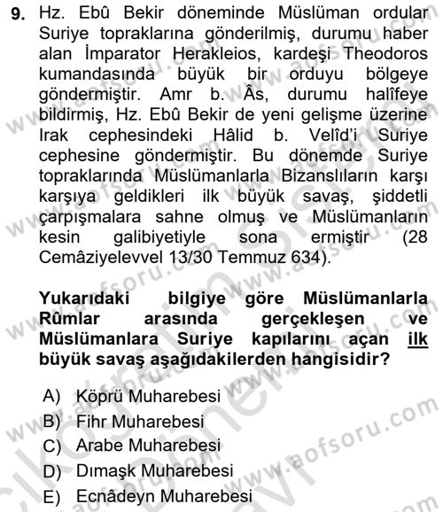 İlk Dönem İslam Tarihi Dersi 2023 - 2024 Yılı (Final) Dönem Sonu Sınav Soruları 9. Soru