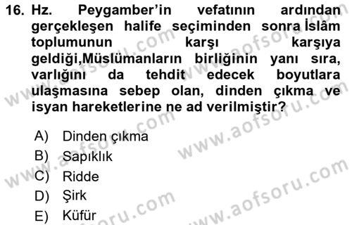 İlk Dönem İslam Tarihi Dersi 2023 - 2024 Yılı Yaz Okulu Sınav Soruları 16. Soru