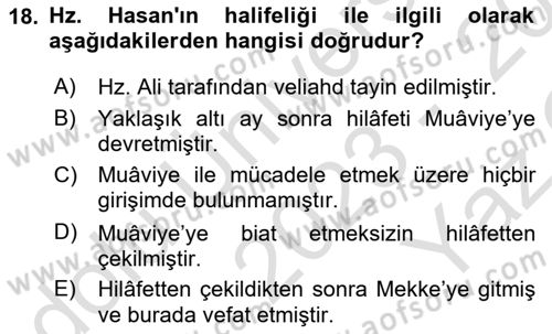 İlk Dönem İslam Tarihi Dersi 2023 - 2024 Yılı Yaz Okulu Sınav Soruları 18. Soru
