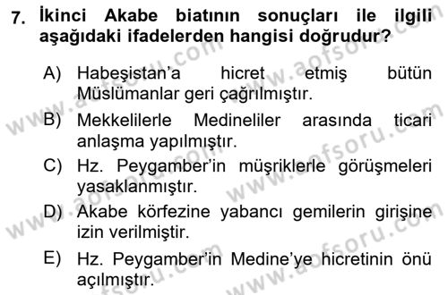 İlk Dönem İslam Tarihi Dersi 2023 - 2024 Yılı Yaz Okulu Sınav Soruları 7. Soru