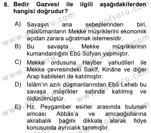 İlk Dönem İslam Tarihi Dersi 2023 - 2024 Yılı Yaz Okulu Sınav Soruları 8. Soru