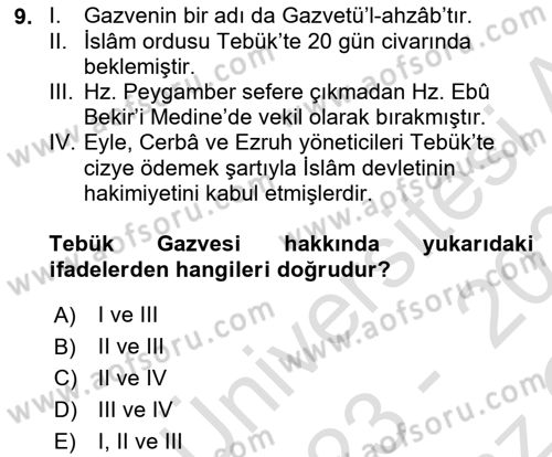 İlk Dönem İslam Tarihi Dersi 2023 - 2024 Yılı Yaz Okulu Sınav Soruları 9. Soru