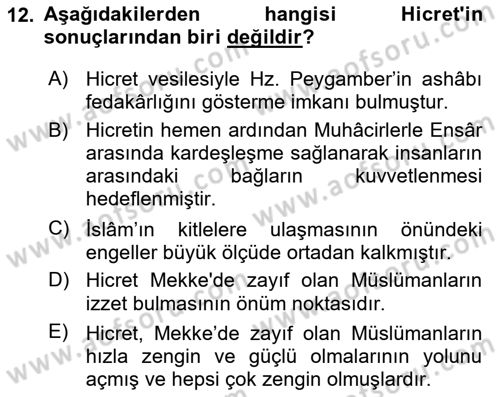İlk Dönem İslam Tarihi Dersi Ara Sınavı Deneme Sınav Soruları 12. Soru