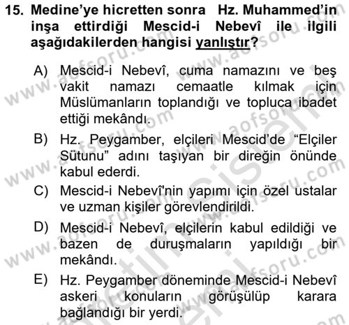 İlk Dönem İslam Tarihi Dersi 2024 - 2025 Yılı (Vize) Ara Sınav Soruları 15. Soru
