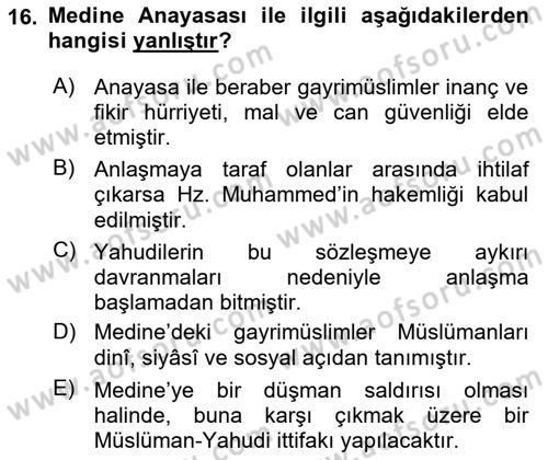 İlk Dönem İslam Tarihi Dersi Ara Sınavı Deneme Sınav Soruları 16. Soru