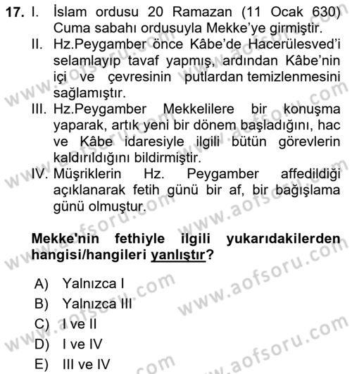 İlk Dönem İslam Tarihi Dersi Ara Sınavı Deneme Sınav Soruları 17. Soru