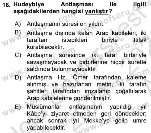 İlk Dönem İslam Tarihi Dersi 2024 - 2025 Yılı (Vize) Ara Sınav Soruları 18. Soru