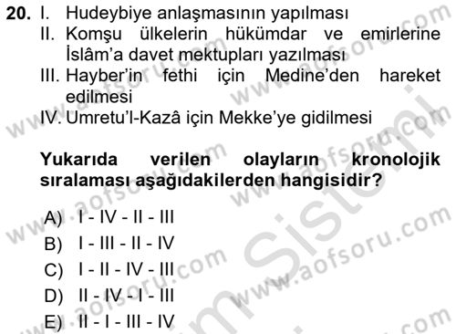 İlk Dönem İslam Tarihi Dersi Ara Sınavı Deneme Sınav Soruları 20. Soru