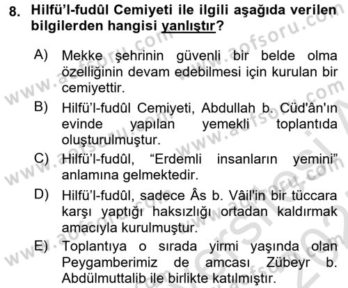 İlk Dönem İslam Tarihi Dersi Ara Sınavı Deneme Sınav Soruları 8. Soru