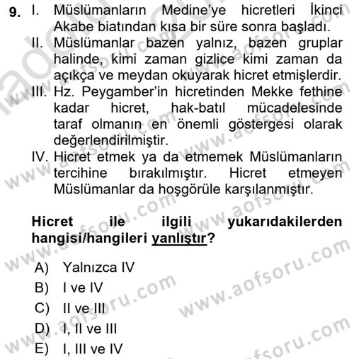 İlk Dönem İslam Tarihi Dersi Ara Sınavı Deneme Sınav Soruları 9. Soru