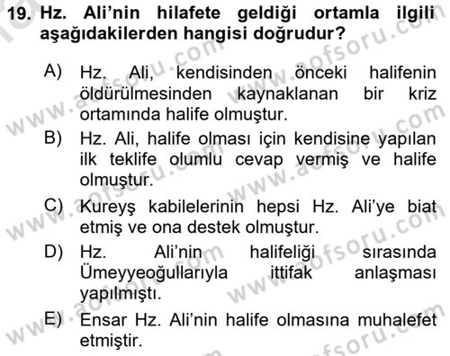 İlk Dönem İslam Tarihi Dersi 2024 - 2025 Yılı (Final) Dönem Sonu Sınav Soruları 19. Soru