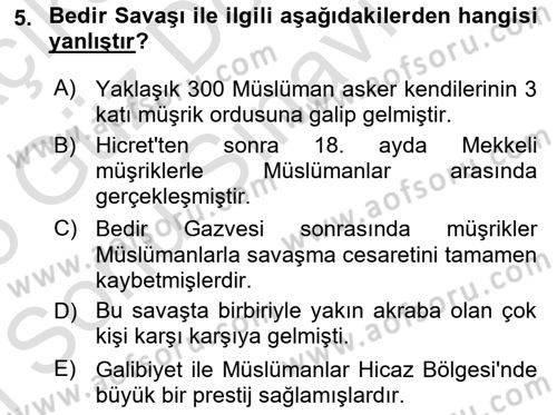 İlk Dönem İslam Tarihi Dersi 2024 - 2025 Yılı (Final) Dönem Sonu Sınav Soruları 5. Soru