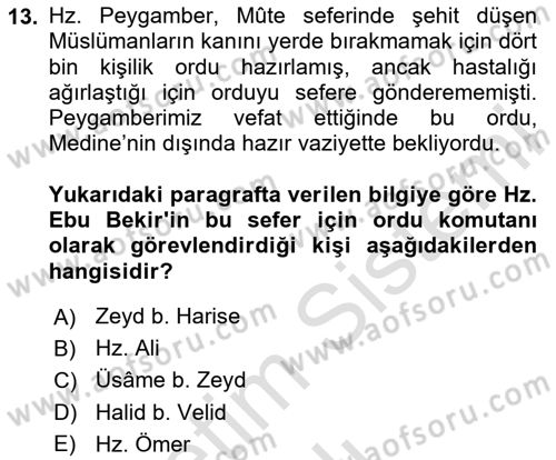 İlk Dönem İslam Tarihi Dersi 2024 - 2025 Yılı Yaz Okulu Sınav Soruları 13. Soru
