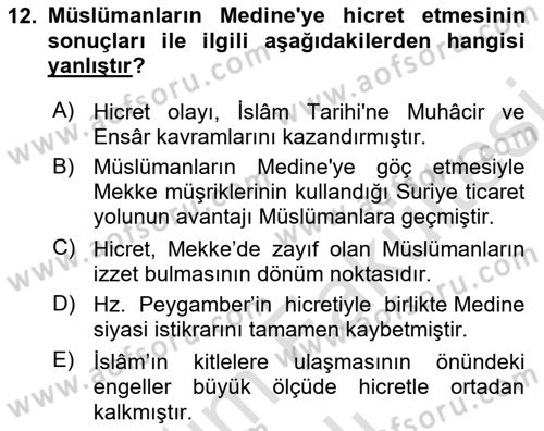 İlk Dönem İslam Tarihi Dersi 2025 - 2026 Yılı (Vize) Ara Sınav Soruları 12. Soru