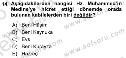 İlk Dönem İslam Tarihi Dersi 2025 - 2026 Yılı (Vize) Ara Sınav Soruları 14. Soru