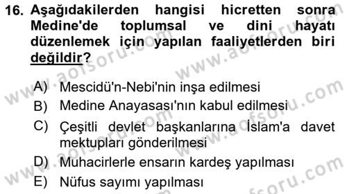 İlk Dönem İslam Tarihi Dersi 2025 - 2026 Yılı (Vize) Ara Sınav Soruları 16. Soru
